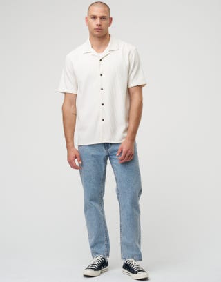Plisse Pleated Relaxed Short Sleeve Shirt in Off White Detail2