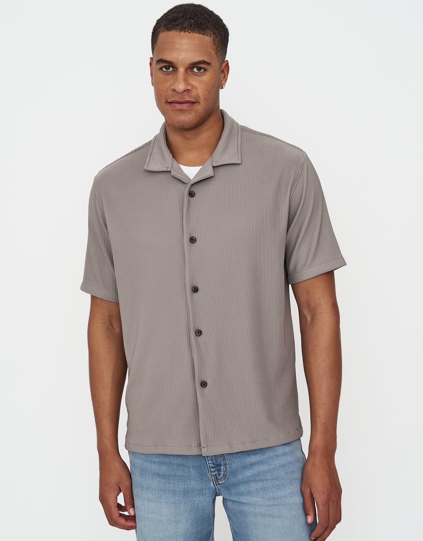 Plisse Pleated Relaxed Short Sleeve Shirt in Zen Blue