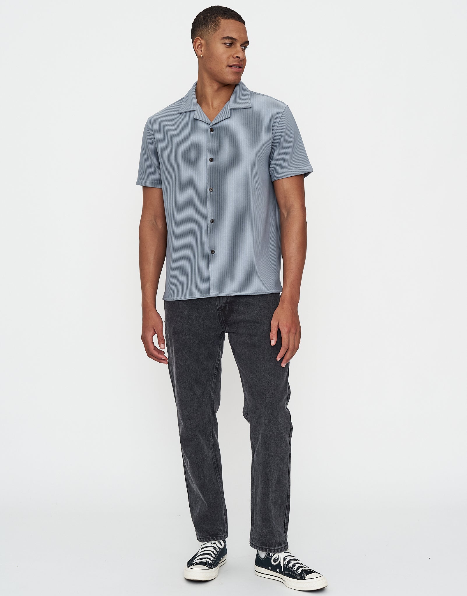 Plisse Pleated Relaxed Short Sleeve Shirt in Zen Blue