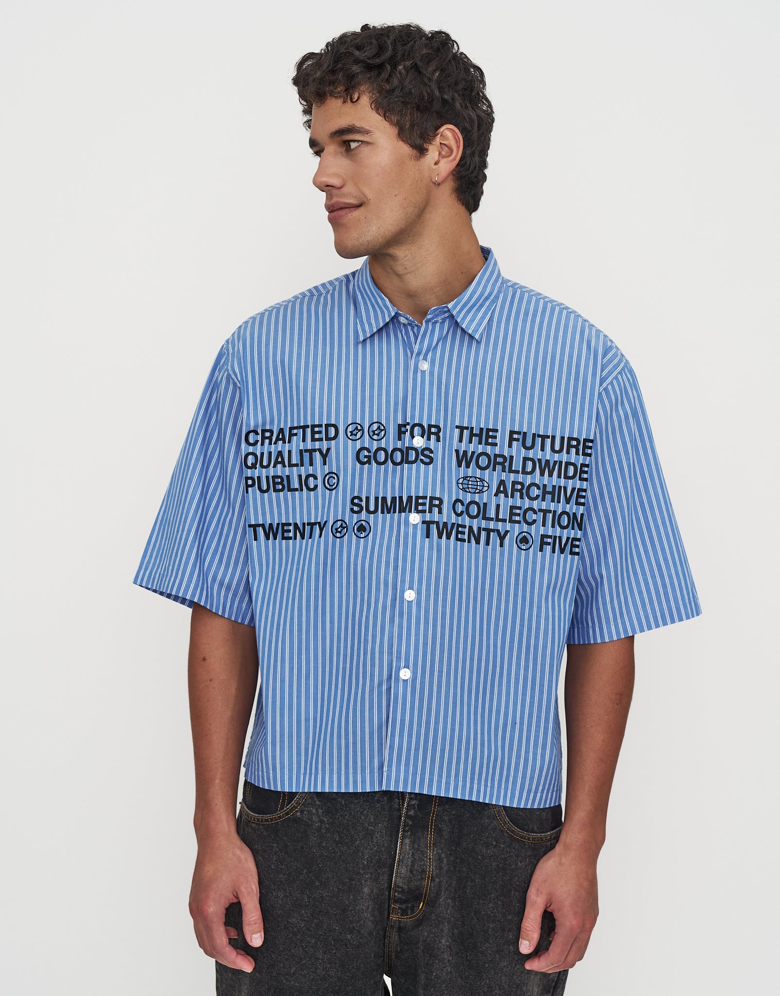 Archive Quality Cropped Short Sleeve Shirt in Blue | Hallensteins AU