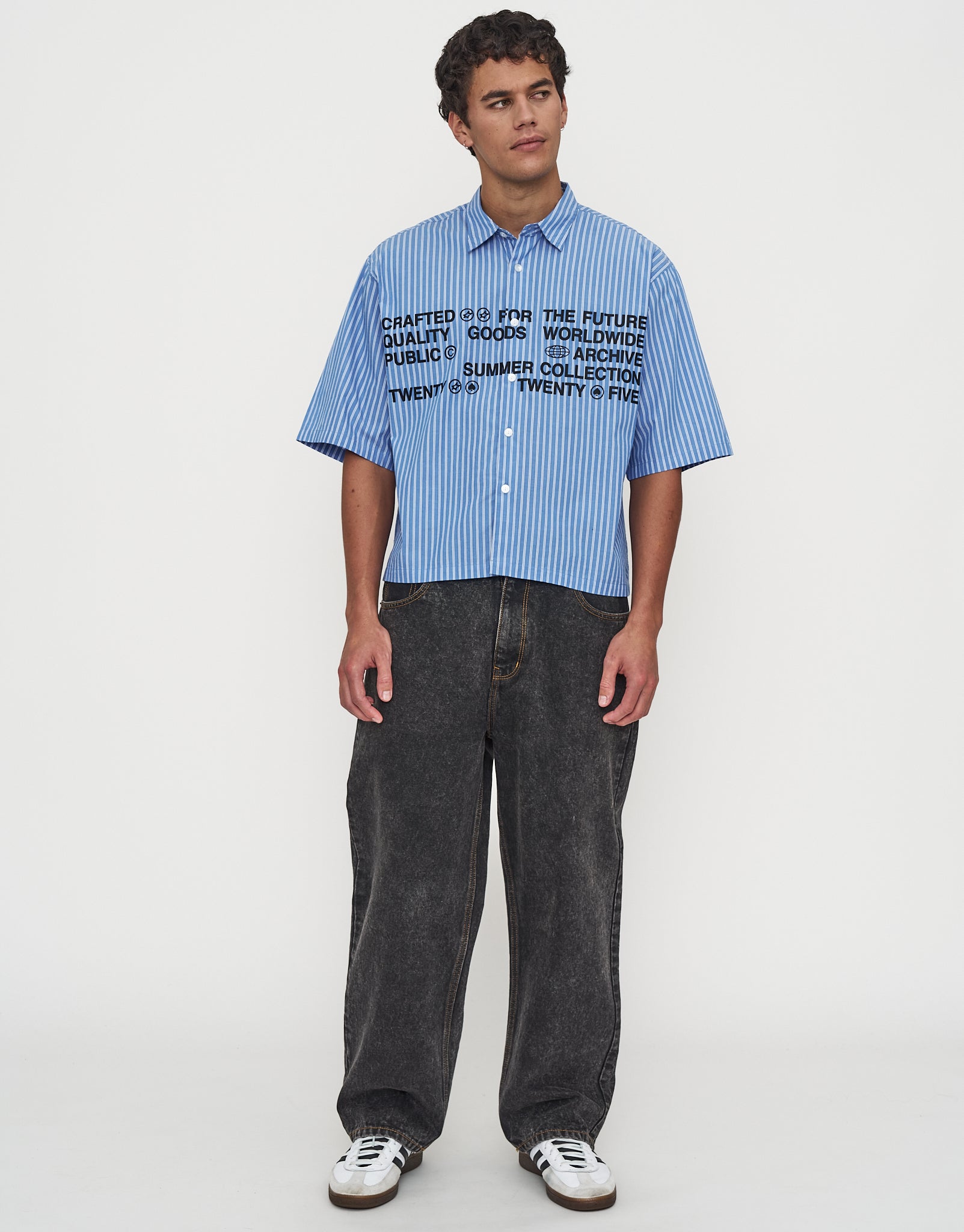 Archive Quality Cropped Short Sleeve Shirt in Blue | Hallensteins NZ