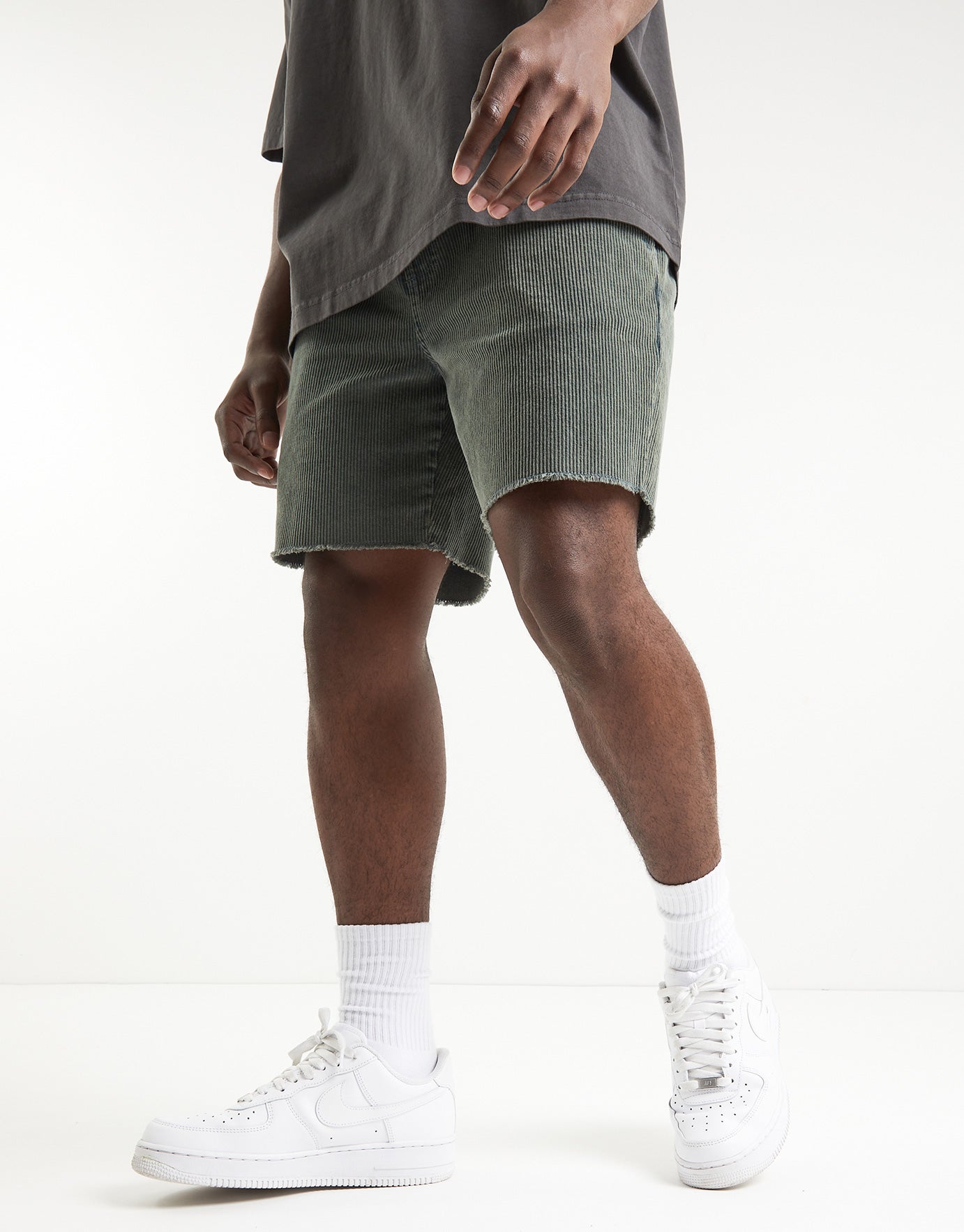 Raw Hem Cord Shorts in Green 