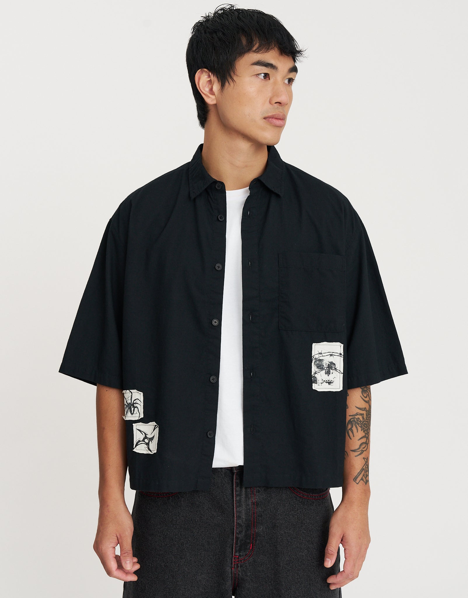 Raw Patch Cropped Short Sleeve Shirt in Black | Hallensteins AU