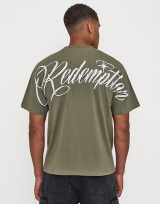 Redemption Relaxed Fit T Shirt in Cyprus Green Detail2