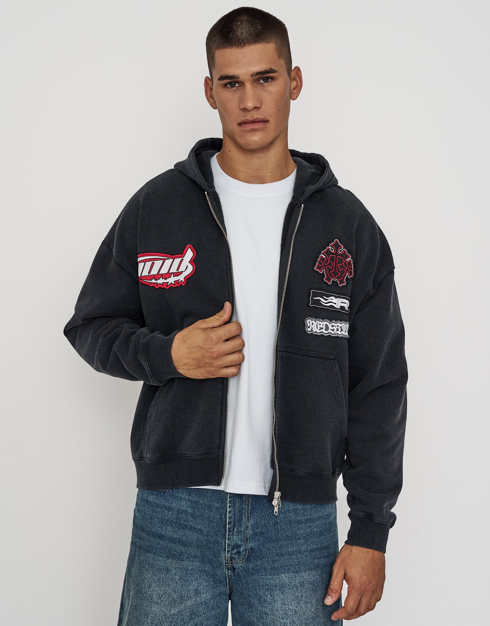 Void Oversized Cropped Zip Up Hoodie in Washed Black | Hallensteins AU