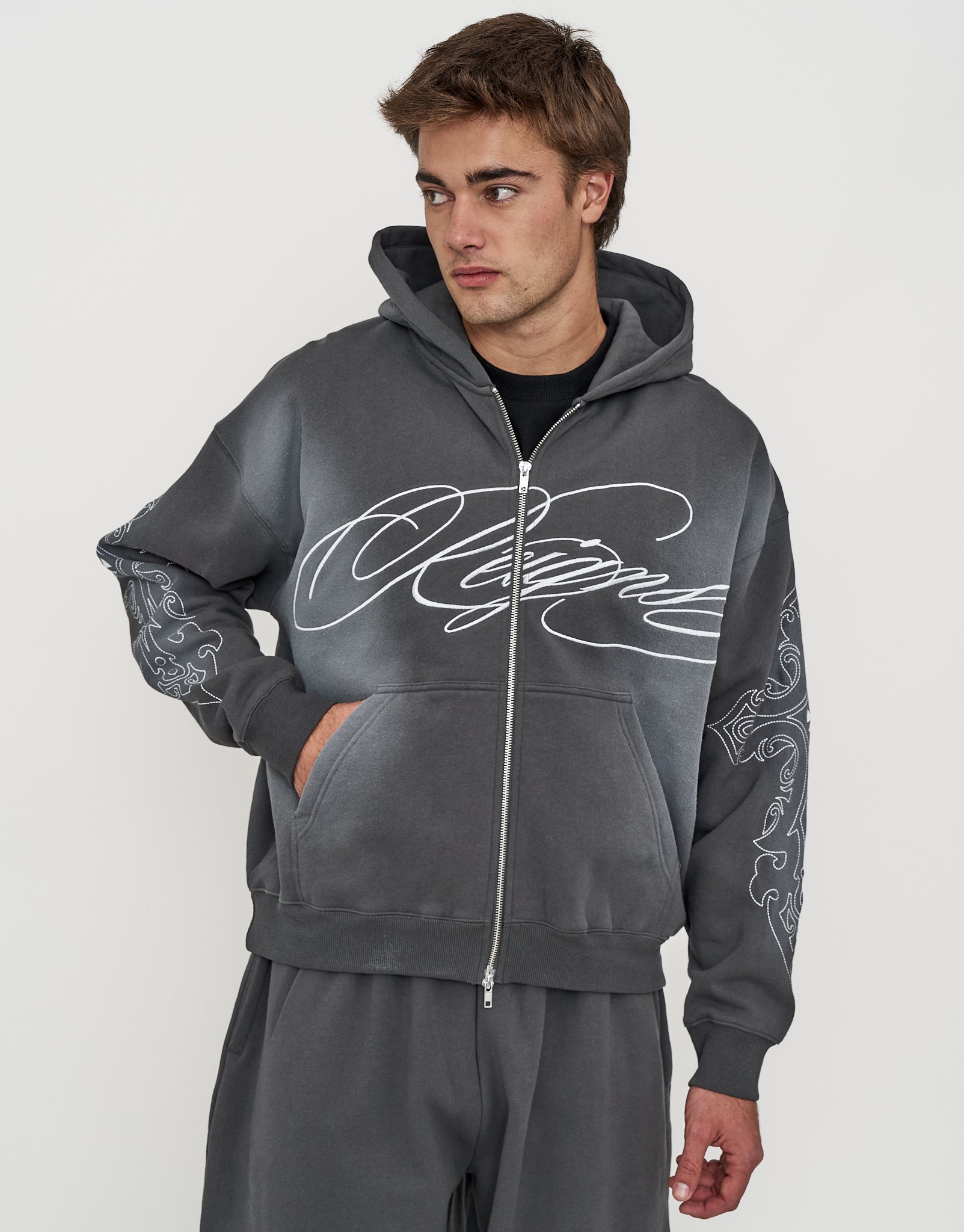 Reigns Oversized Cropped Zip Up Hoodie in Pewter Grey