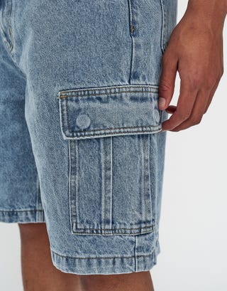 Relaxed Fit Cargo Jorts in Sun Washed Blue Detail3