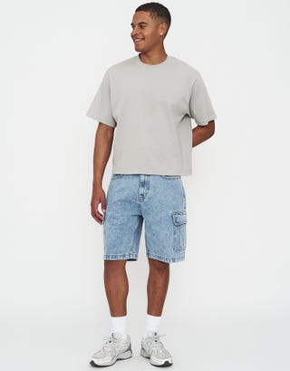 Relaxed Fit Cargo Jorts in Sun Washed Blue Full