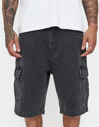 Relaxed Fit Cargo Jorts in Washed Black Back