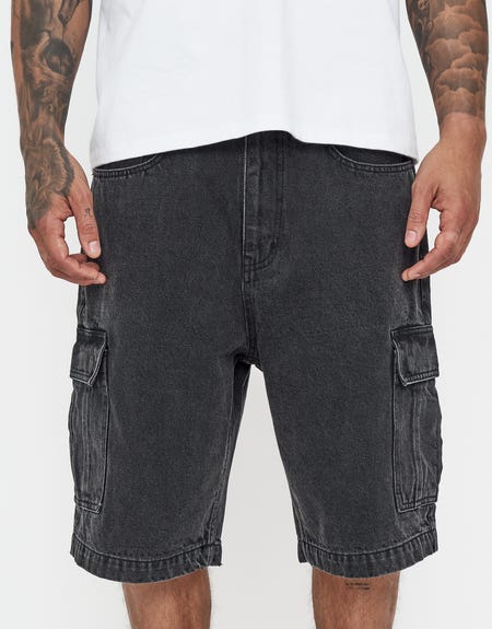 Relaxed Fit Cargo Jorts in Washed Black Hallensteins NZ