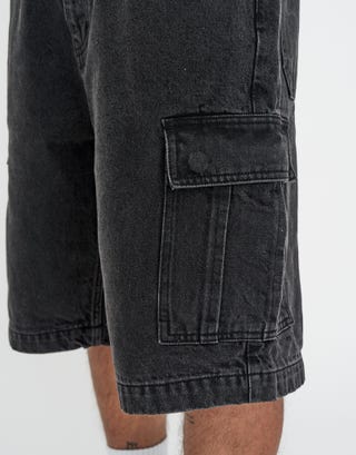 Relaxed Fit Cargo Jorts in Washed Black Detail2
