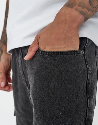 Relaxed Fit Cargo Jorts in Washed Black Detail3