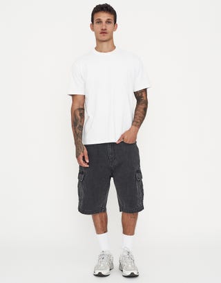 Relaxed Fit Cargo Jorts in Washed Black Full
