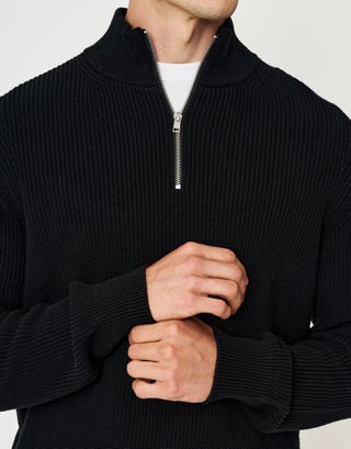 Ribbed Quarter Zip Knit Jumper in Black Detail2