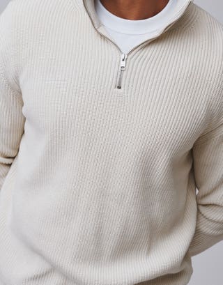 Ribbed Quarter Zip Knit Jumper in Bone Detail2