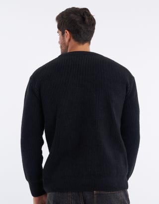 Ribbed Crew Knit Jumper in Black Back