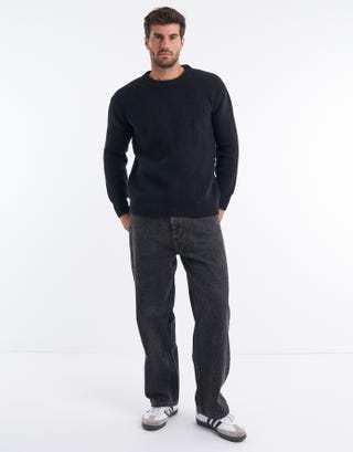 Ribbed Crew Knit Jumper in Black Full