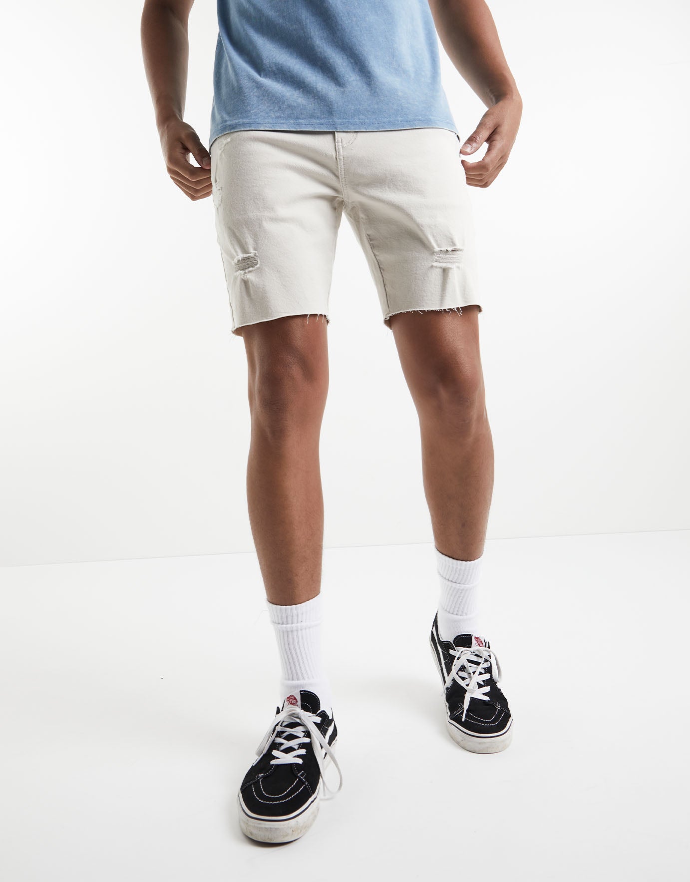 Ripped Skinny Denim Shorts in Stone 