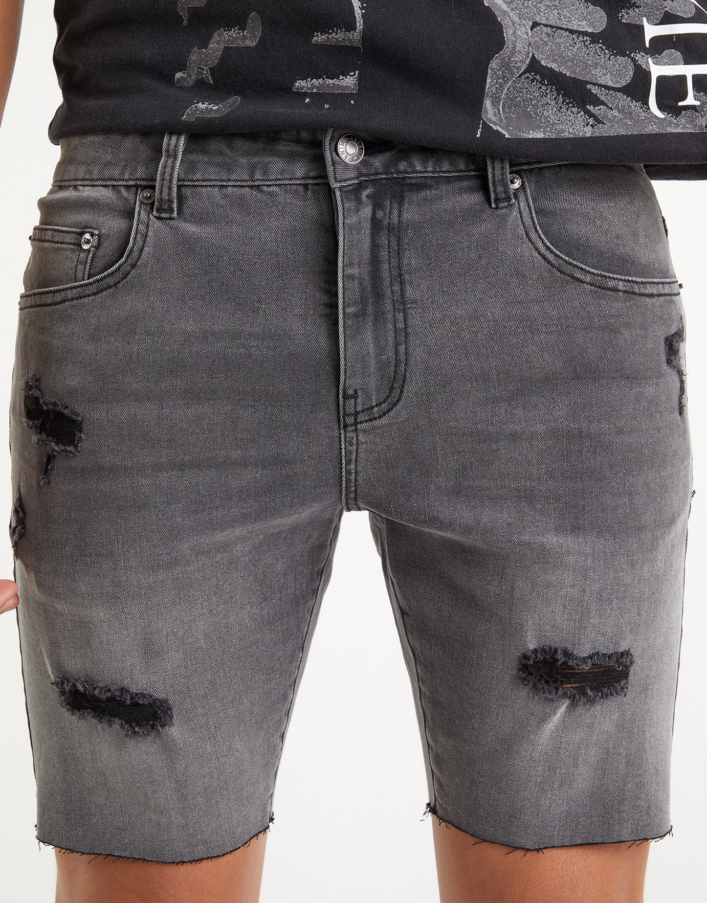 Ripped Skinny Denim Shorts in Grey 