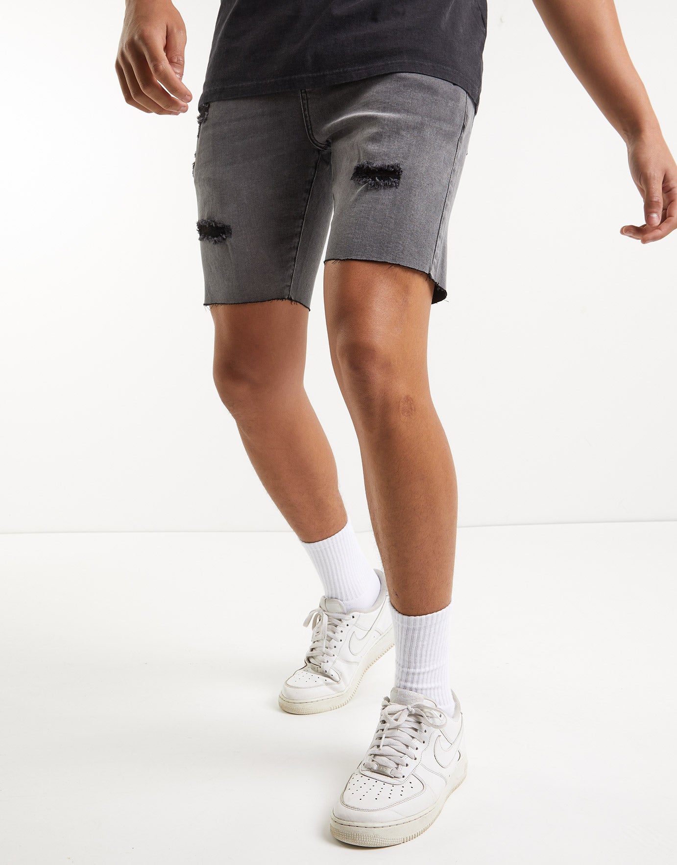 Ripped Skinny Denim Shorts in Grey 