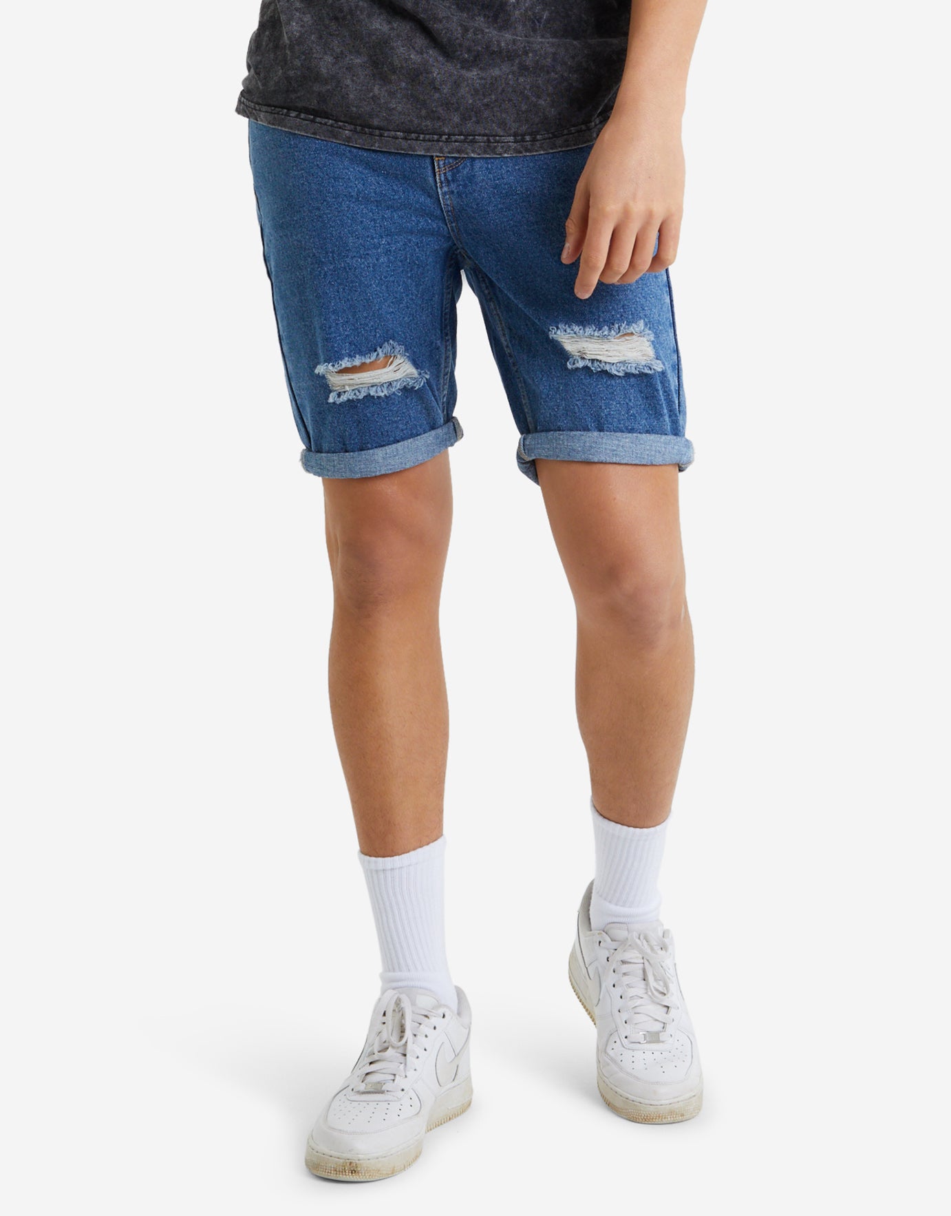 Ripped Slim Fit Denim Shorts in Blue 
