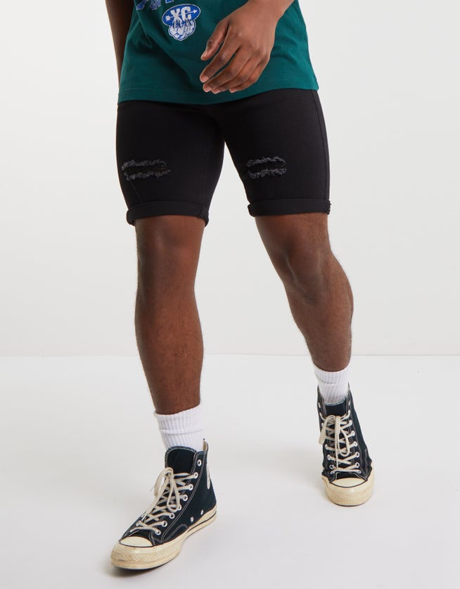 Ripped Slim Fit Denim Shorts in Solid Black Hallensteins NZ