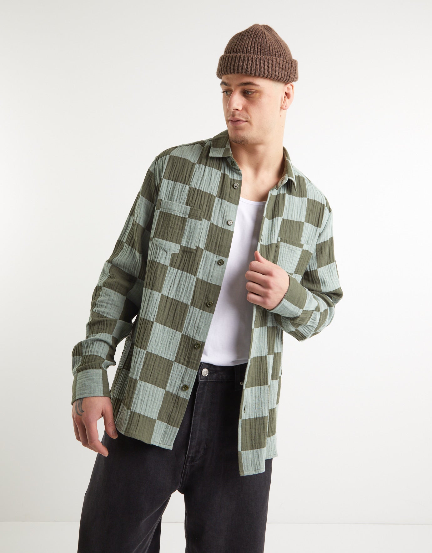 Check Pattern Crinkle Overshirt In Green | Hallensteins Nz