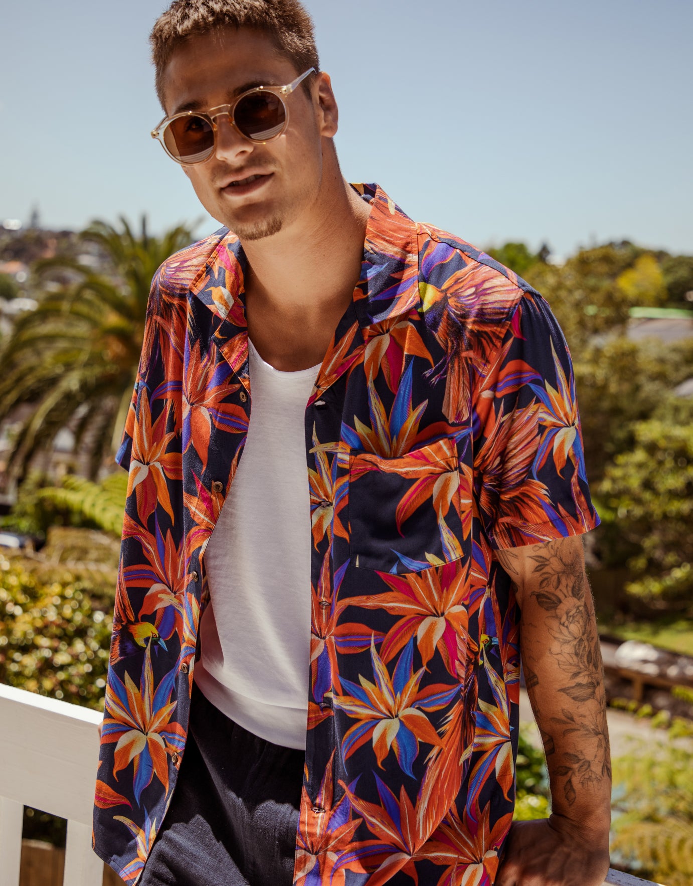 Floral \u0026 Aves Print Short Sleeve Shirt 