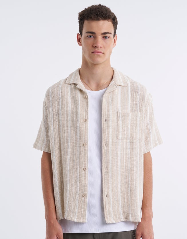 Textured Bold Stripe Short Sleeve Shirt in Off White | Hallensteins NZ