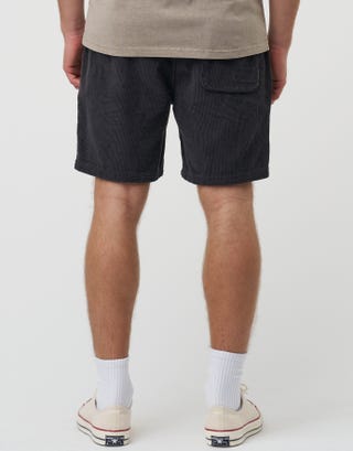 Stan Corduroy Elastic Waist Shorts in Washed Black Back