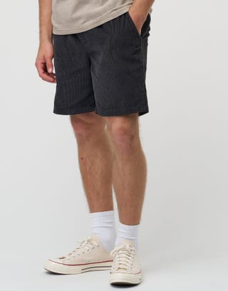 Stan Corduroy Elastic Waist Shorts in Washed Black Detail