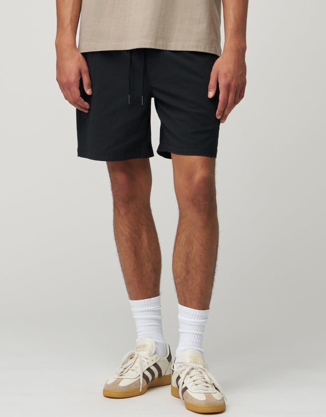 Crinkle Texture Elastic Waist Shorts in Black Hallensteins NZ