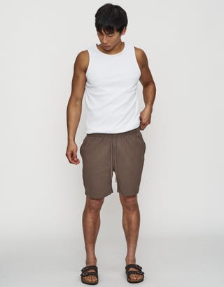 Crinkle Texture Elastic Waist Shorts in Brown Full