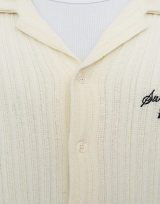 Sakura Knit Embroidered Short Sleeve Polo Shirt in Snow Detail3