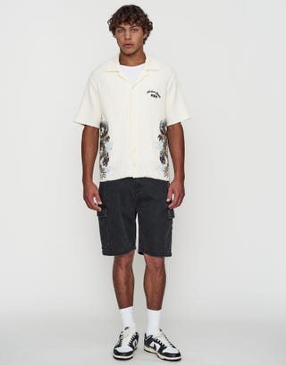 Sakura Knit Embroidered Short Sleeve Polo Shirt in Snow Full