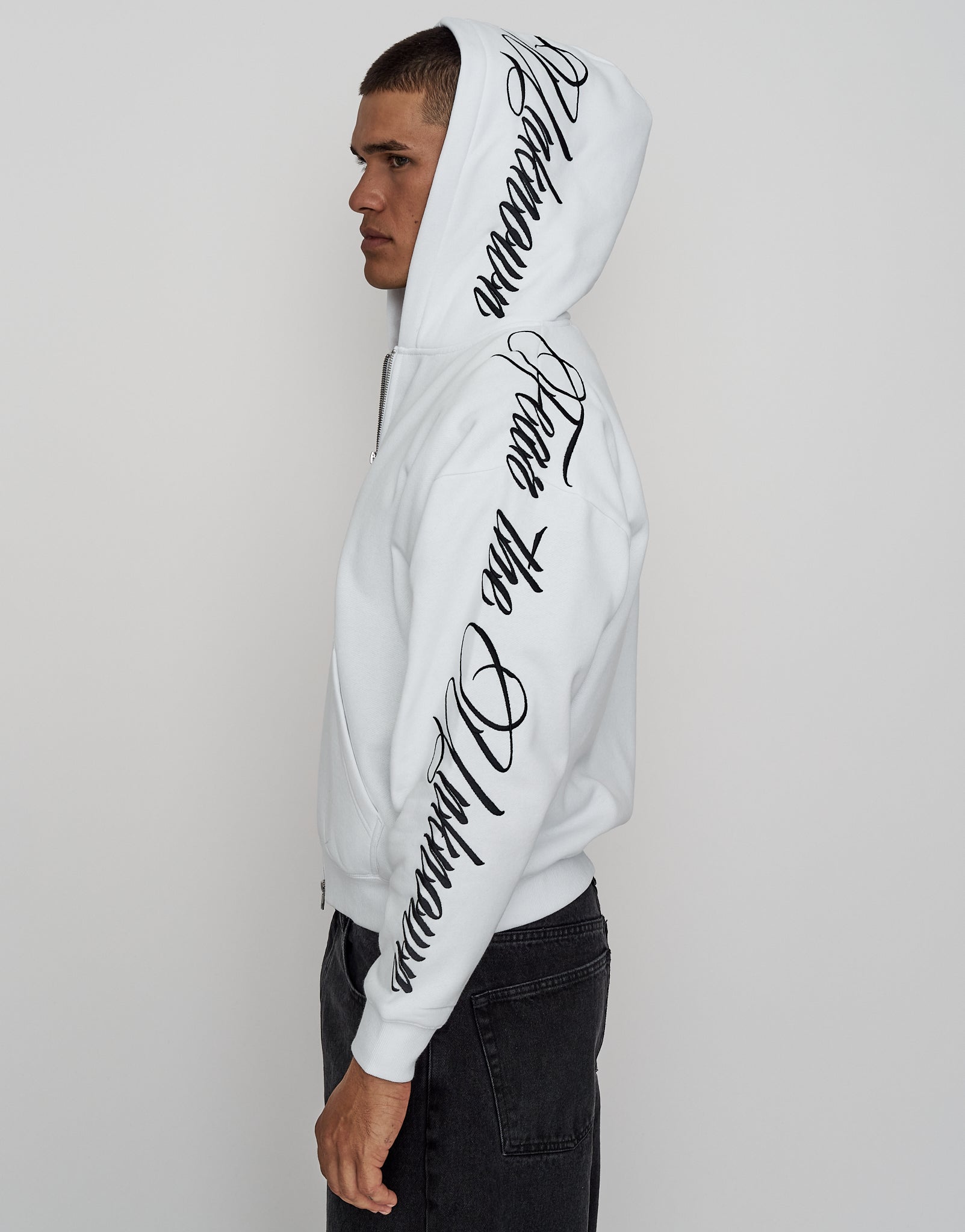 Script Oversized Cropped Zip Up Hoodie in Blanc | Hallensteins NZ