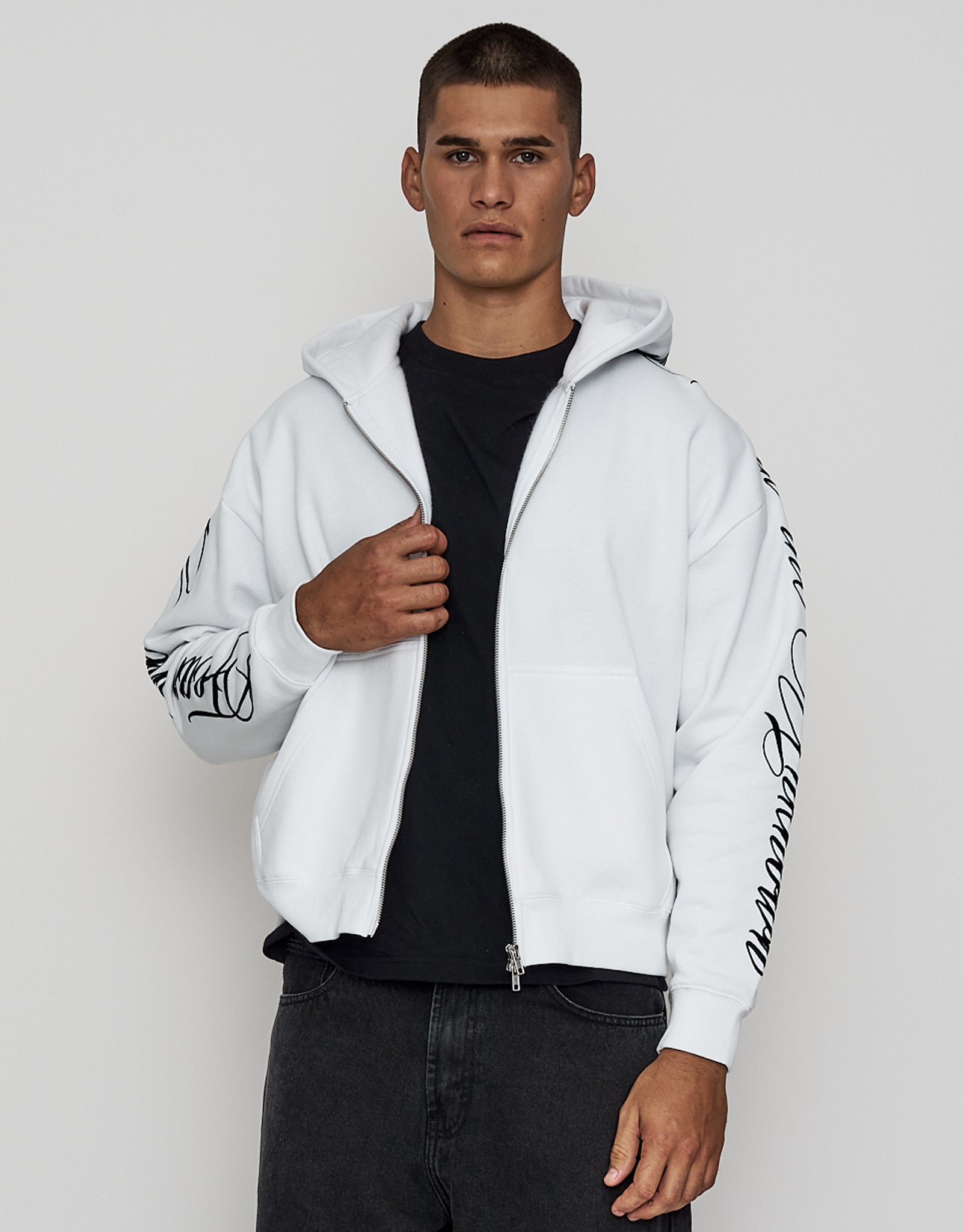 Script Oversized Cropped Zip Up Hoodie in Blanc | Hallensteins NZ