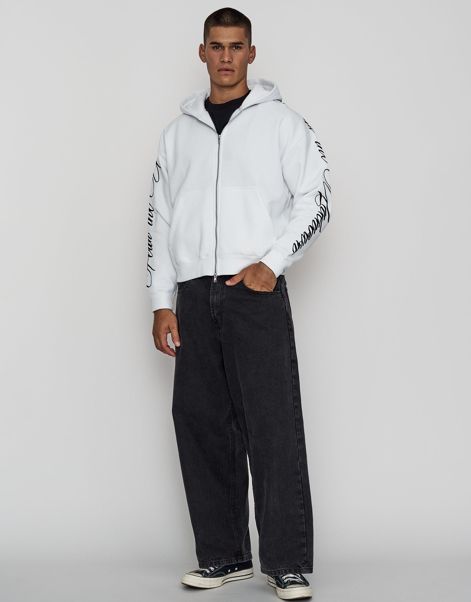 Script Oversized Cropped Zip Up Hoodie in Blanc | Hallensteins NZ