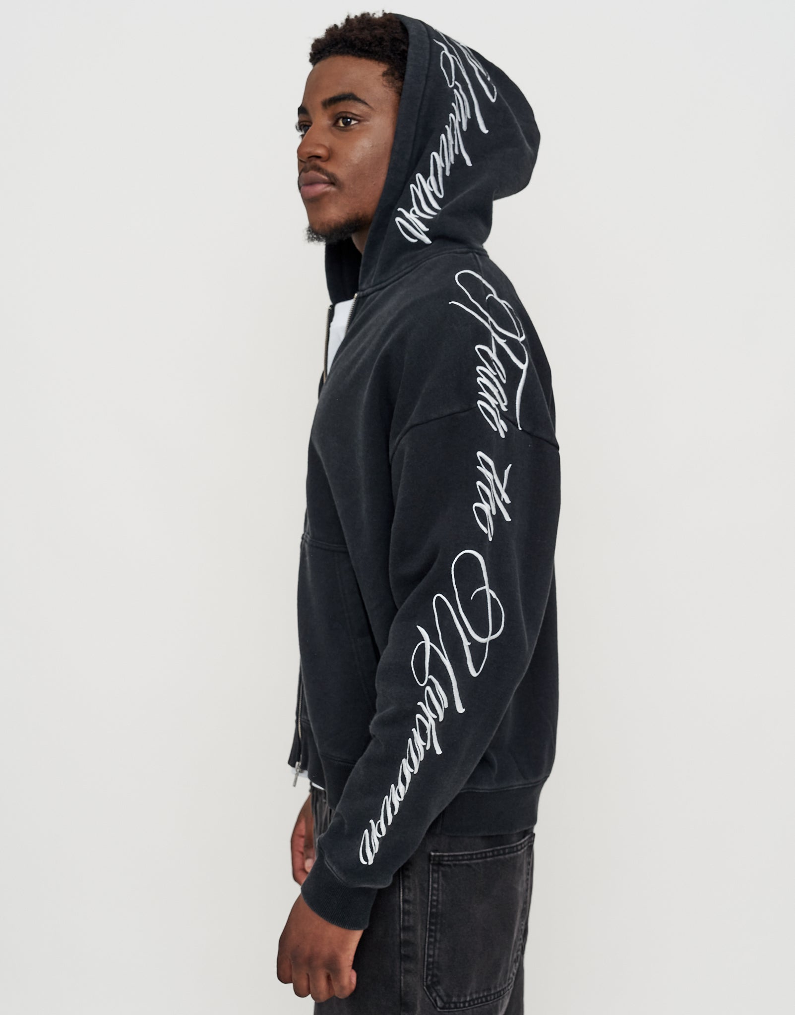 Script Oversized Cropped Zip Up Hoodie in Washed Black