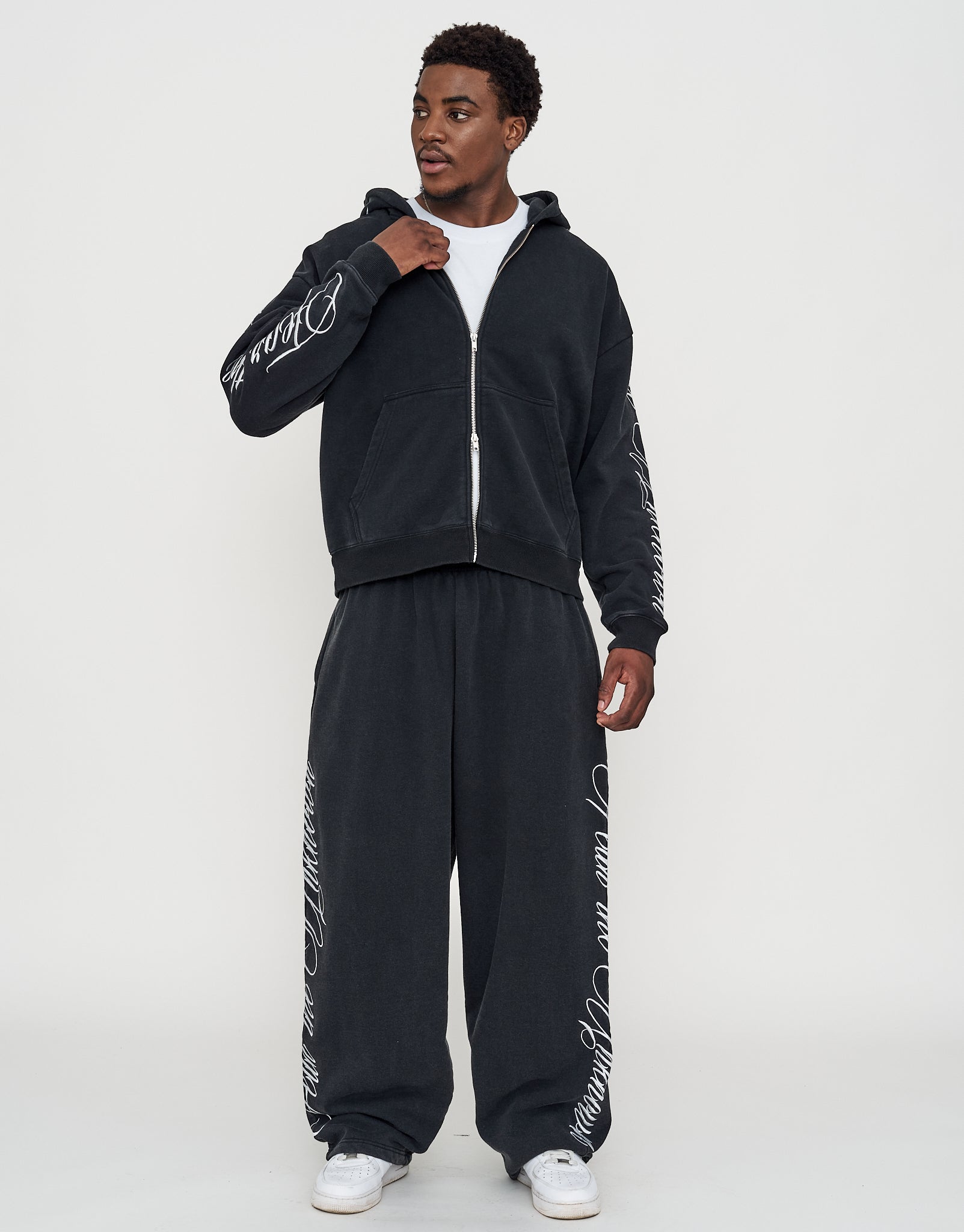 Script Oversized Cropped Zip Up Hoodie in Washed Black