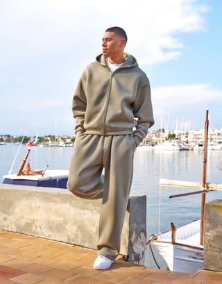 Oversized Scuba Zip Up Hoodie in Moss Green Full