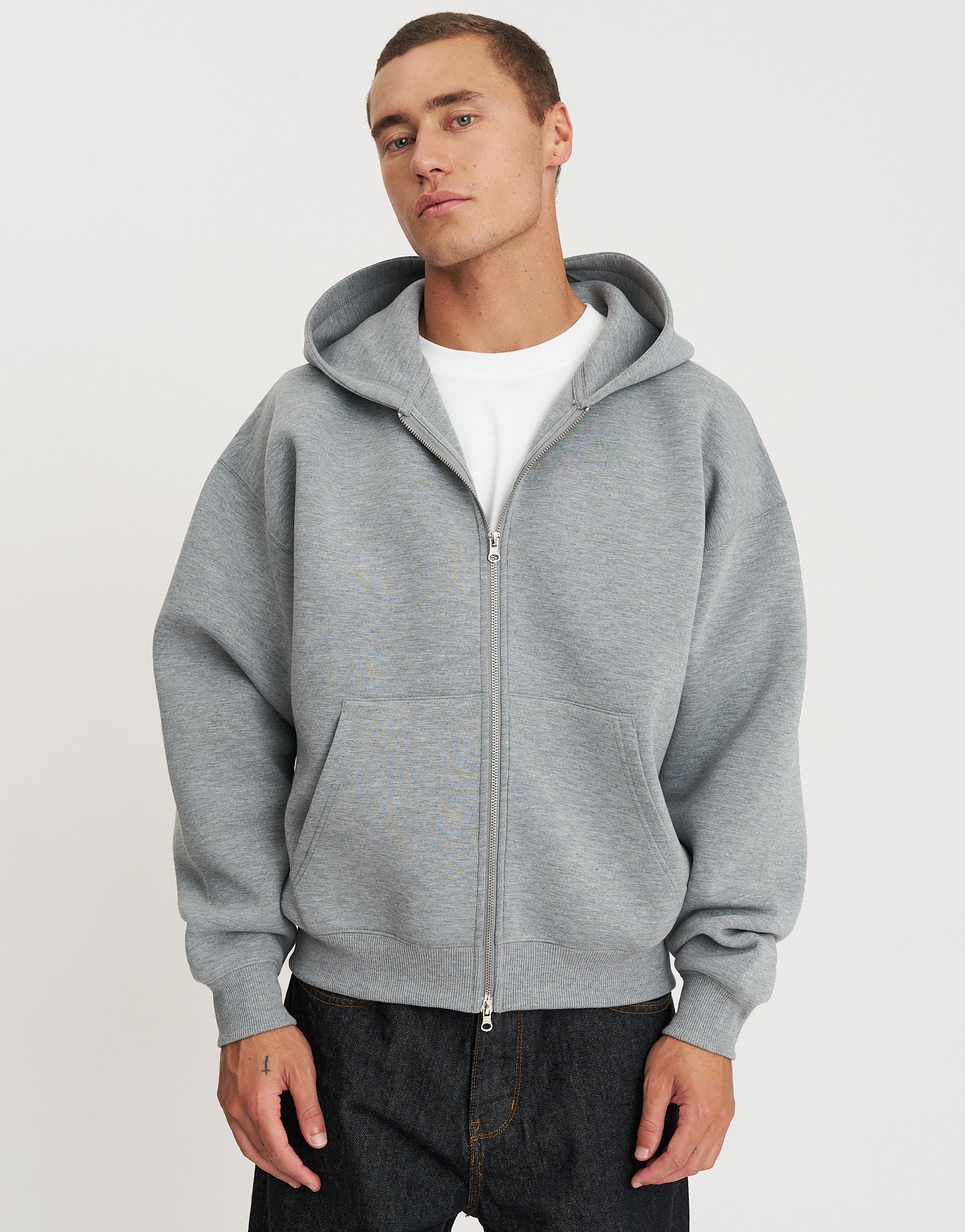 Scuba Oversized Cropped Zip Up Hoodie in Grey Marle | Hallensteins NZ