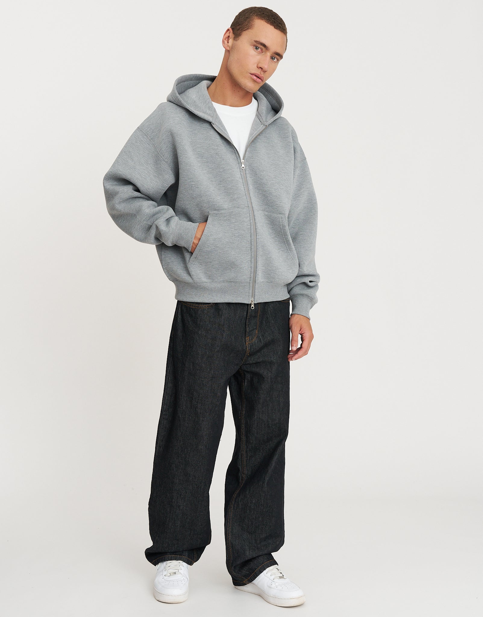 Scuba Oversized Cropped Zip Up Hoodie in Grey Marle | Hallensteins NZ