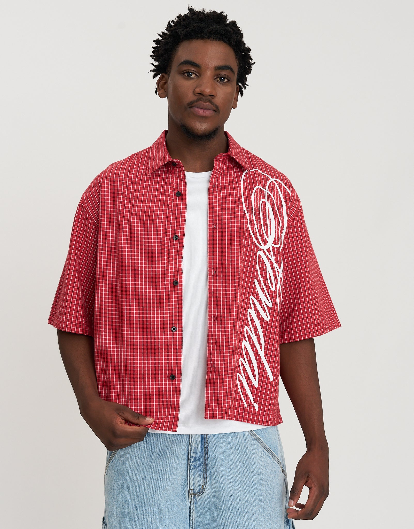 Sendai Cropped Short Sleeve Check Shirt in Red Check | Hallensteins NZ