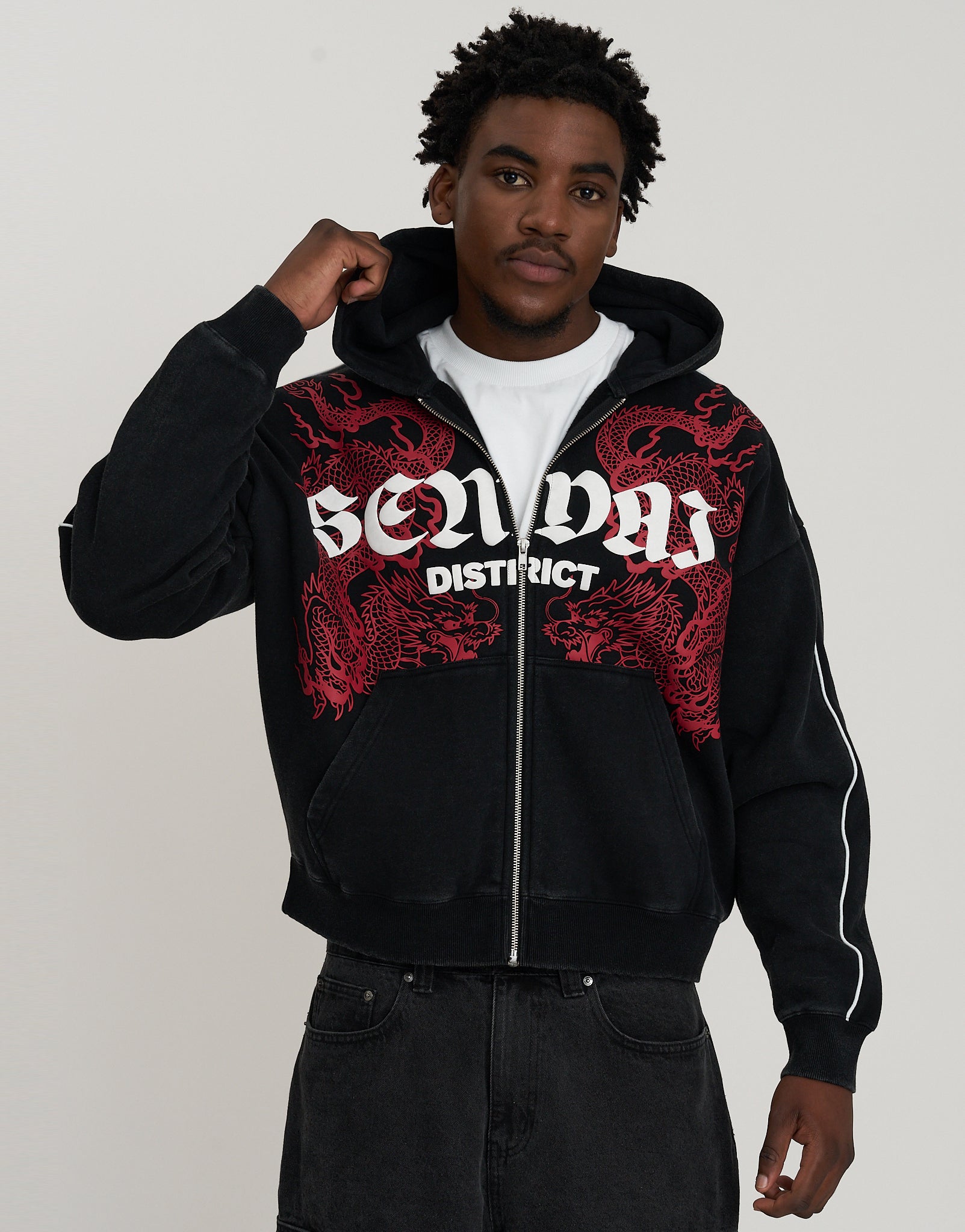 Sendai Oversized Cropped Zip Up Hoodie in Washed Black