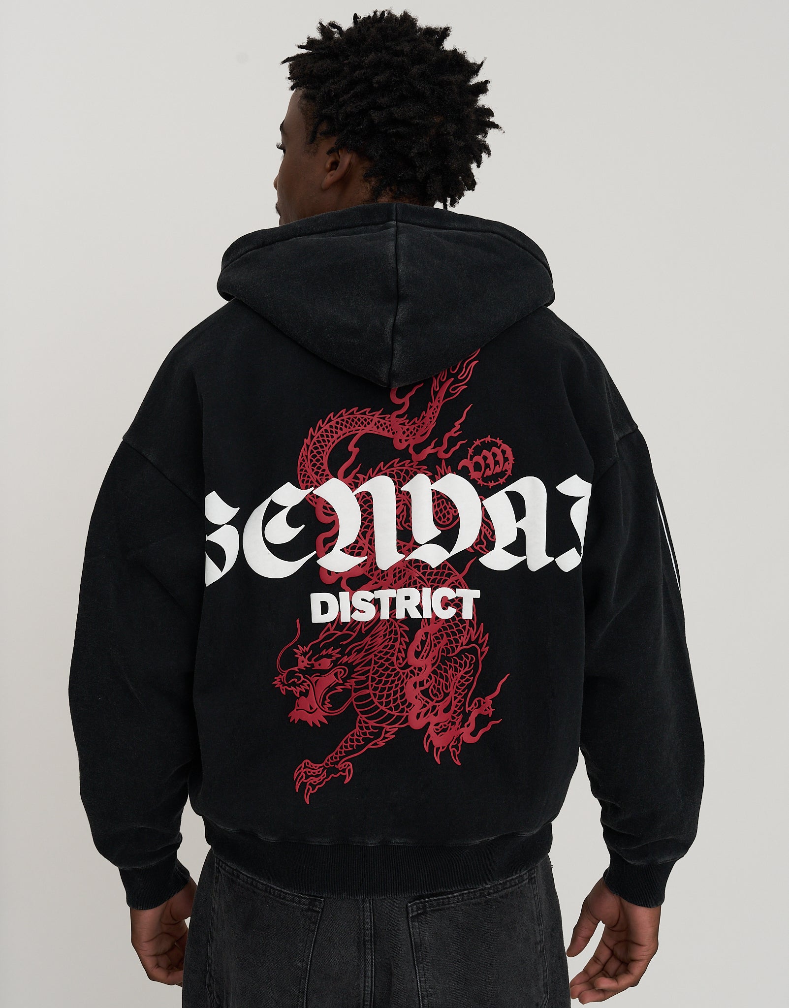 Sendai Oversized Cropped Zip Up Hoodie in Washed Black