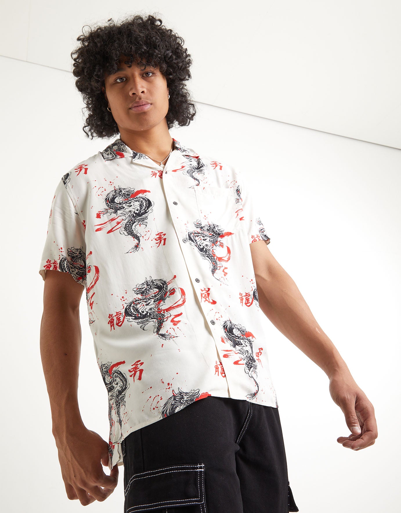 Dragon Graphic Print Cuban Collar Shirt 