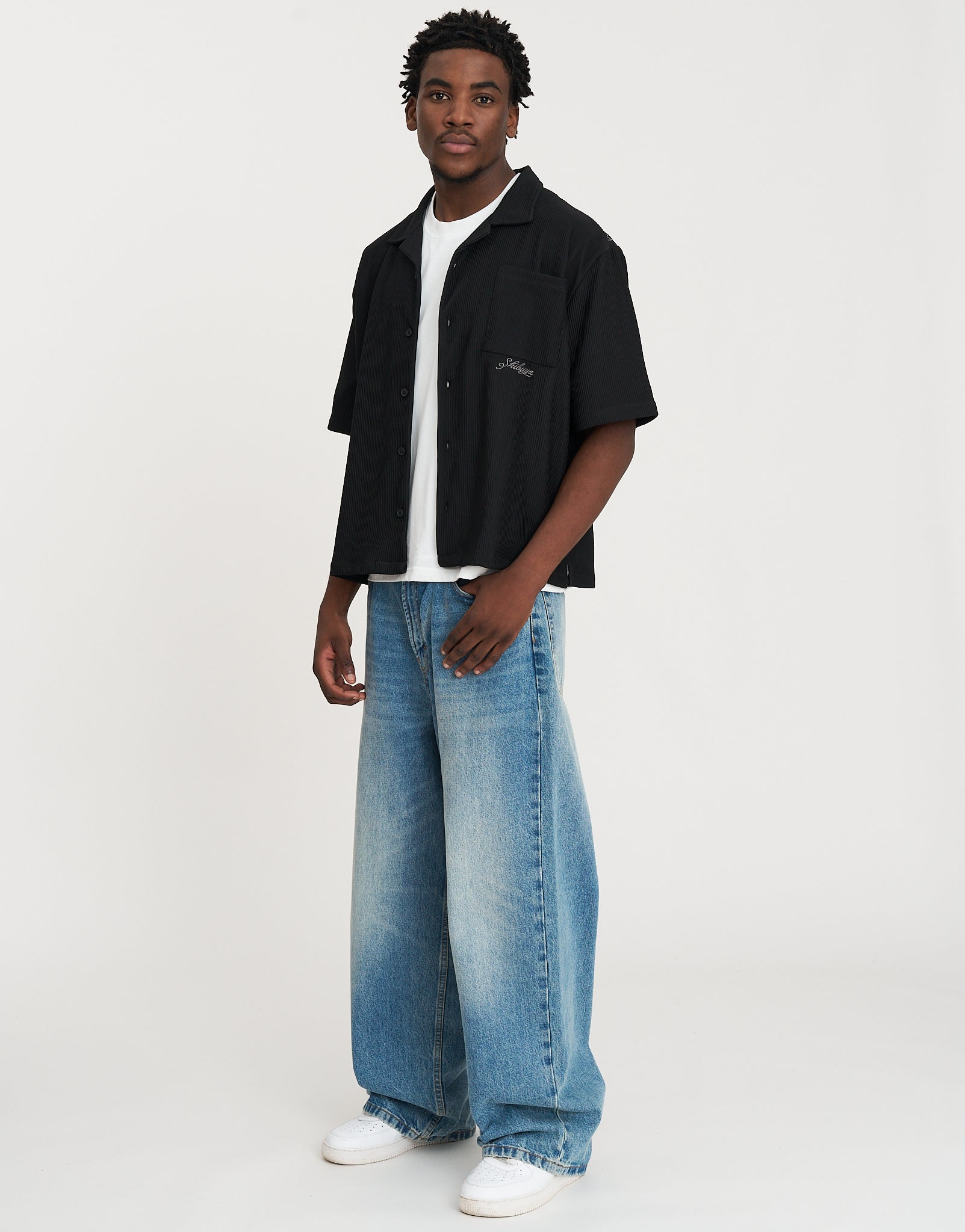 メンズウェア dragon_whistle_ Dragon Plisse Short Sleeve Shirt in Black | Hallensteins AU
