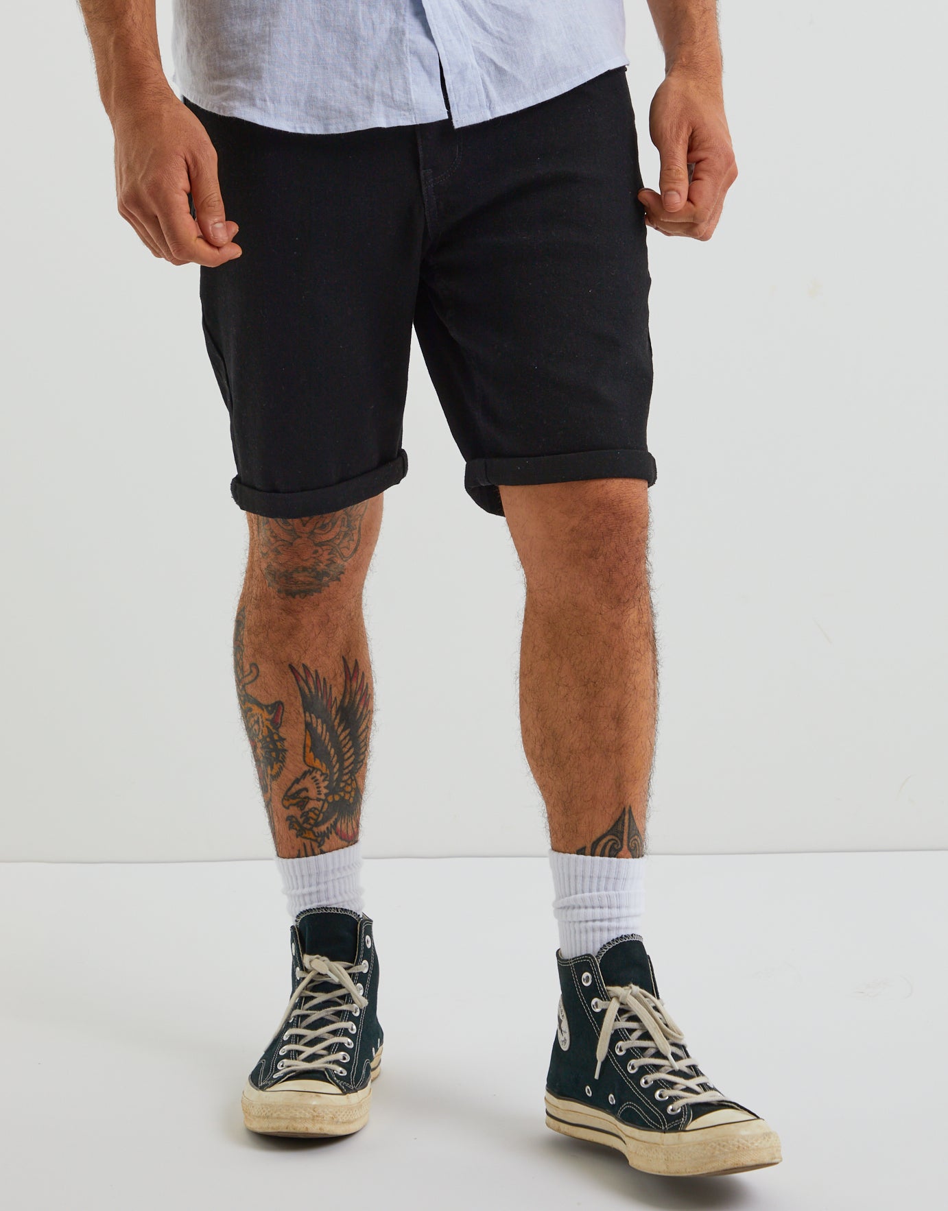black jean shorts mens outfit