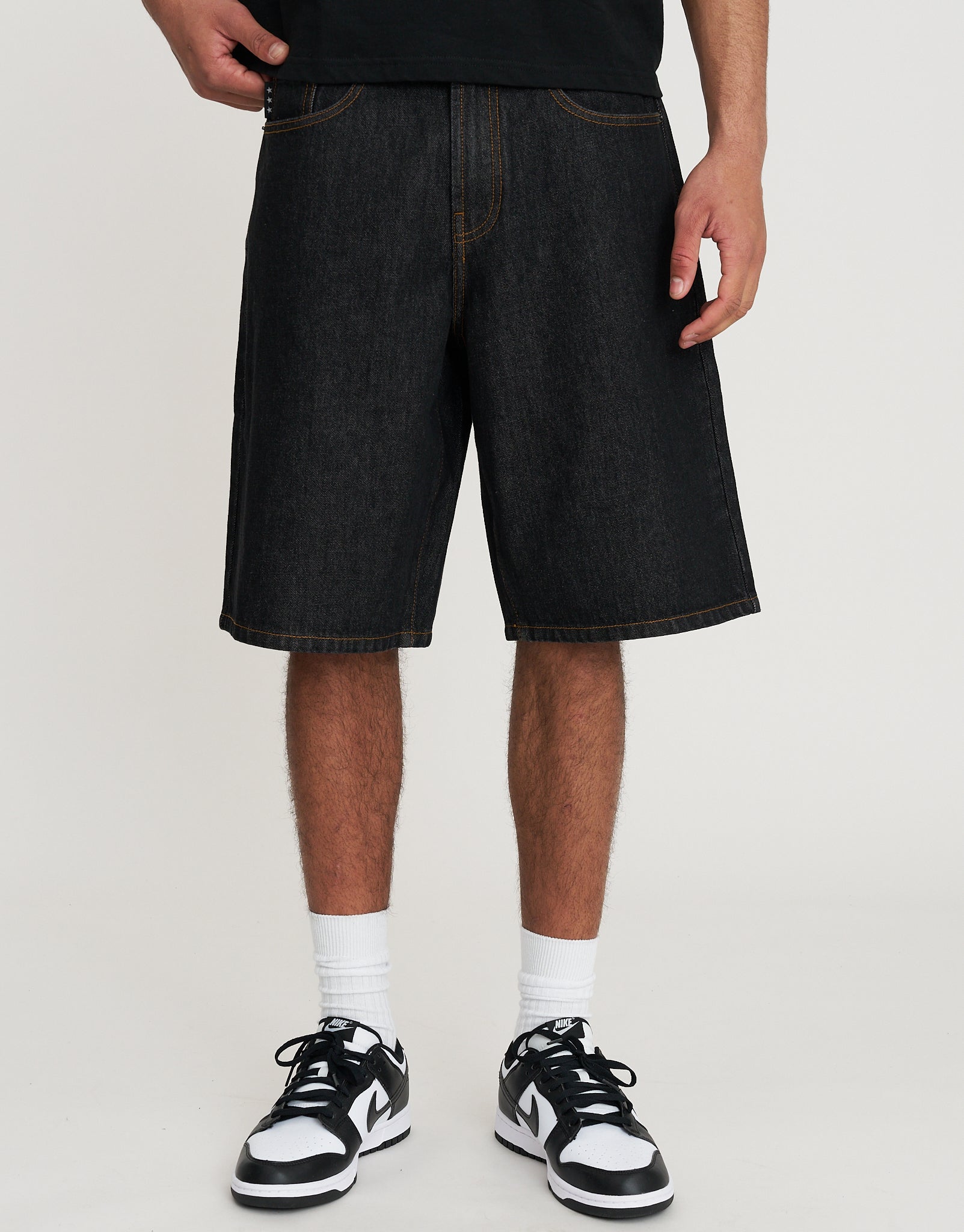 Spider Embroidery Baggy Fit Jorts in Dark Raw | Hallensteins NZ